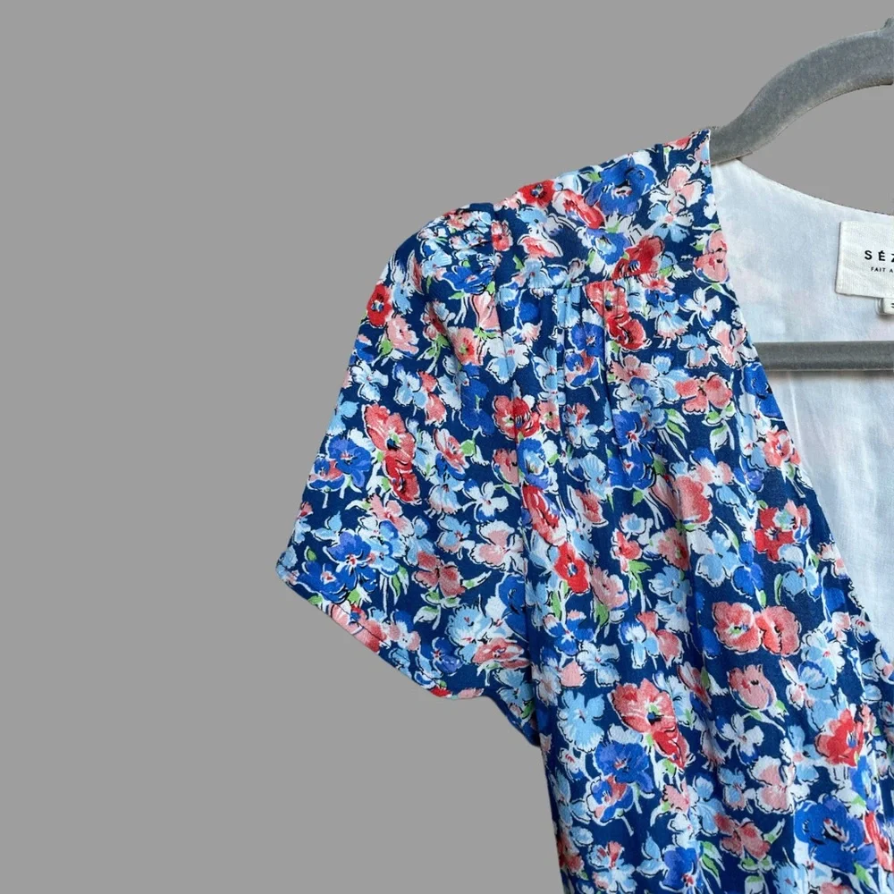 SEZANE Blue Pink Floral Printed V Neck Amber Midi Wrap Dress Summer Sun Dress